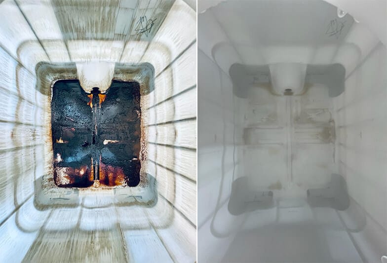 Cisterna IBC in plastica prima e dopo il lavaggio automatico - vista interna